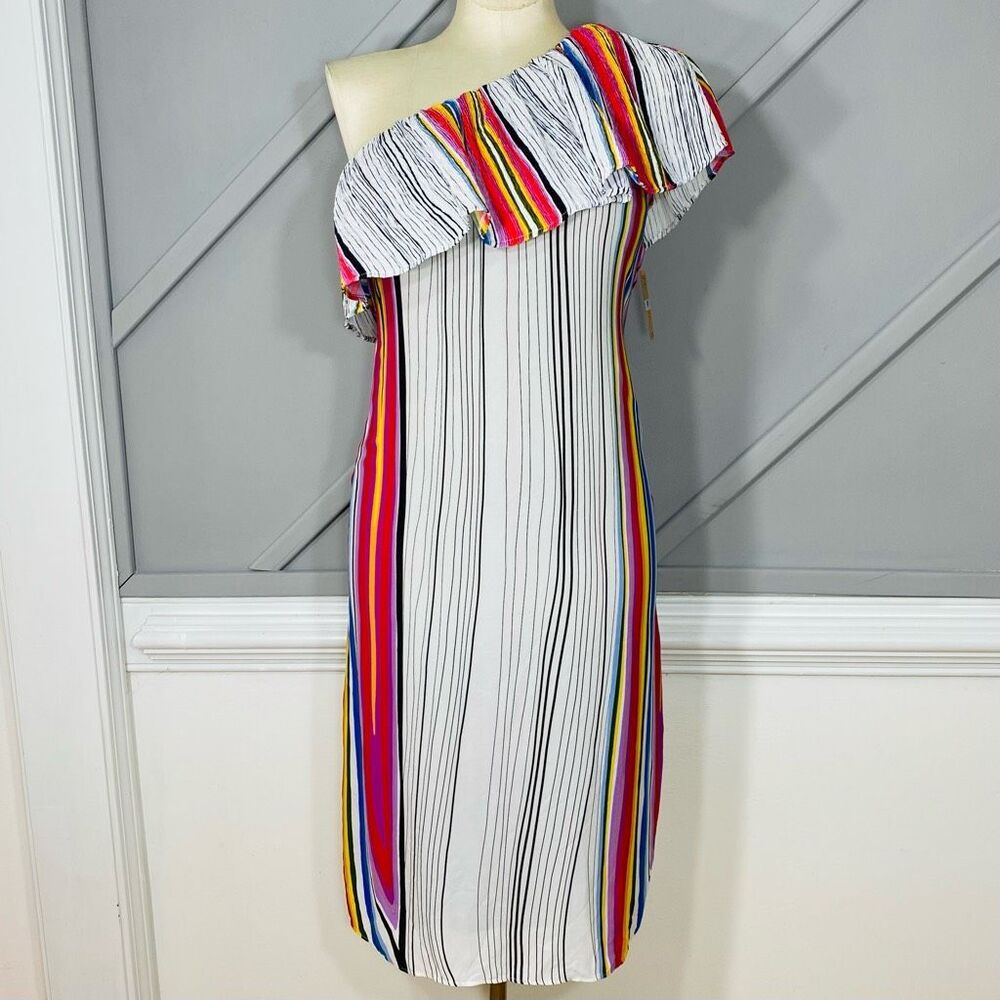 New Rachel Roy Womens Rainbow Striped One Shoulder Dress Women’s Size S - Picture 6 of 13